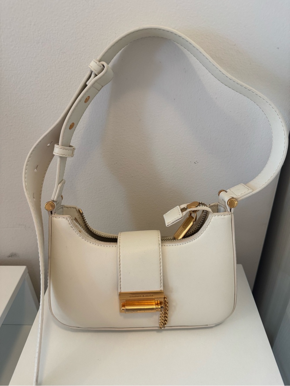 Charles & Keith White Shoulder Bag with Gold Hardware